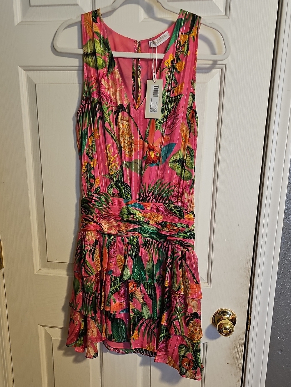 Ramy Brook Pink Tropical Print V-Neck Tiered Mini Dress